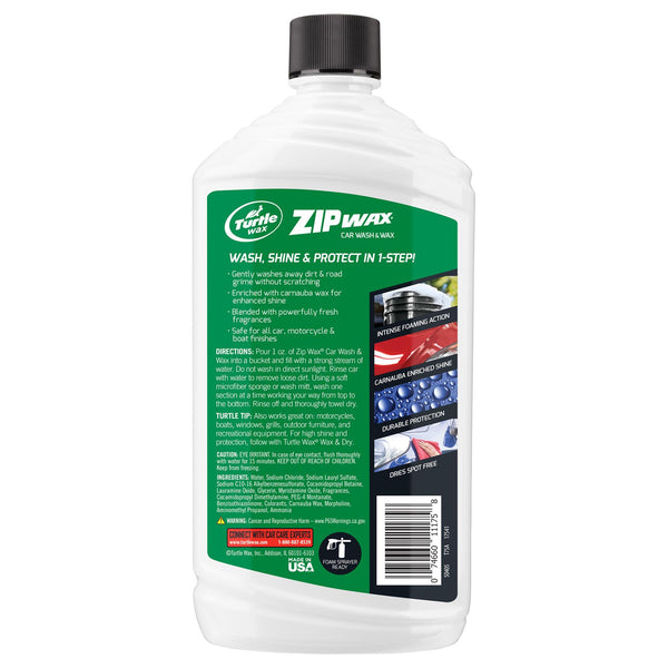 Turtle Wax Zip Wax for car washing. Car wash and wax cleans, shines and protects. Carnauba wax for a spot-free finish. Made in USA.