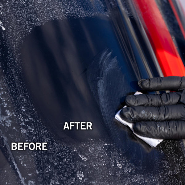 Before & After: Turtle Wax Renew & Restore car care. Glove wipes grime off vehicle surface, showing a polished shine.
