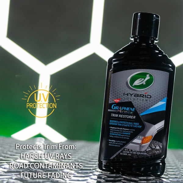 Turtle Wax Hybrid Solutions Graphene Acrylic Trim Restorer protects auto exterior trim from UV rays, road contaminants & fading.