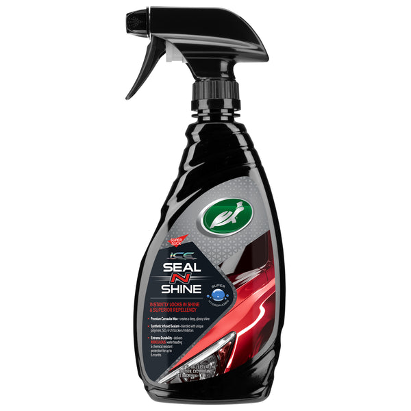 Turtle Wax ICE Seal N Shine. Black spray bottle with hybrid sealant wax, featuring car image. Long-lasting shine.