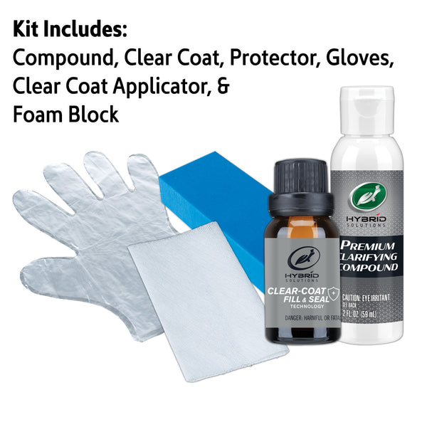 Turtle Wax Hybrid Solutions kit with Premium Clarifying Compound, Clear Coat Fill & Seal, gloves, applicator, and foam block.