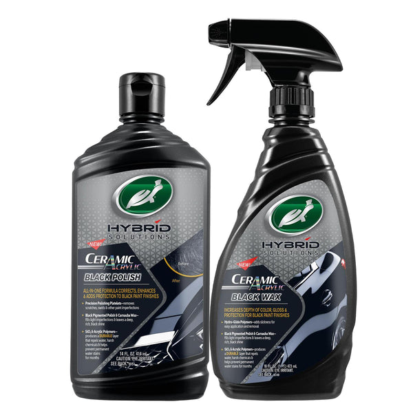 Turtle Wax Hybrid Ceramic Acrylic Black Polish & Wax enhances dark paint, corrects imperfections, and protects against water stains for months.