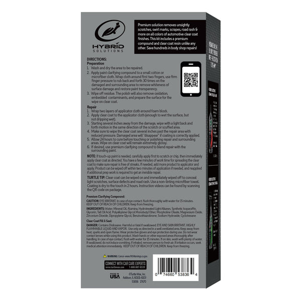 Fix car scratches easily! The Hybrid Solutions box offers a clear coat kit, premium compound, and helpful tips like the Turtle Wax tip.