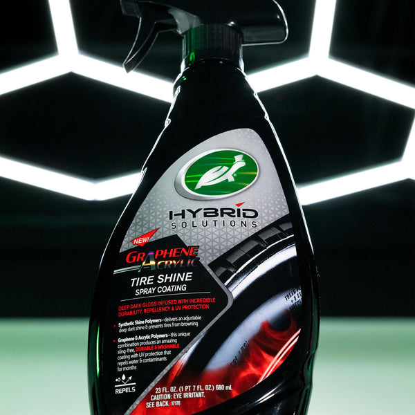 Turtle Wax Hybrid Solutions Graphene Acrylic Tire Shine Spray Coating offers deep dark gloss with durability, repellency & UV protection. 23 oz.