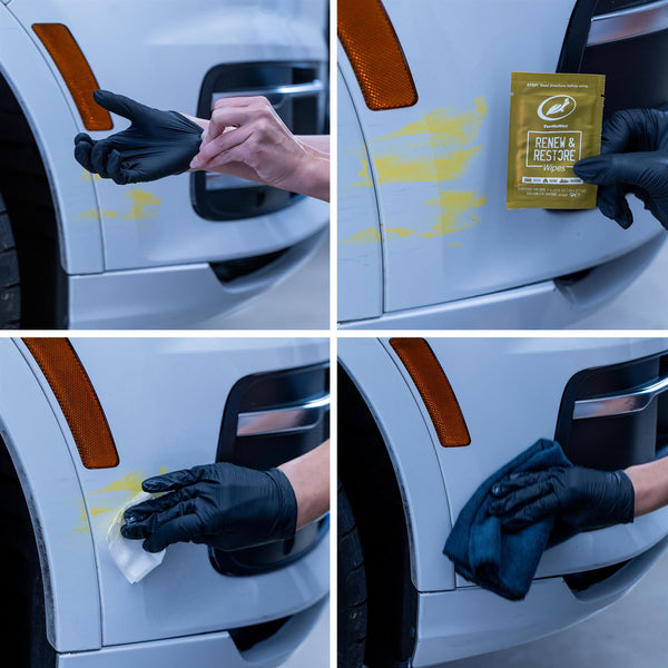 Car paint restoration process. A person puts on gloves and cleans residue with Turtle Wax Renew & Restore Wipes, using a soft cloth.
